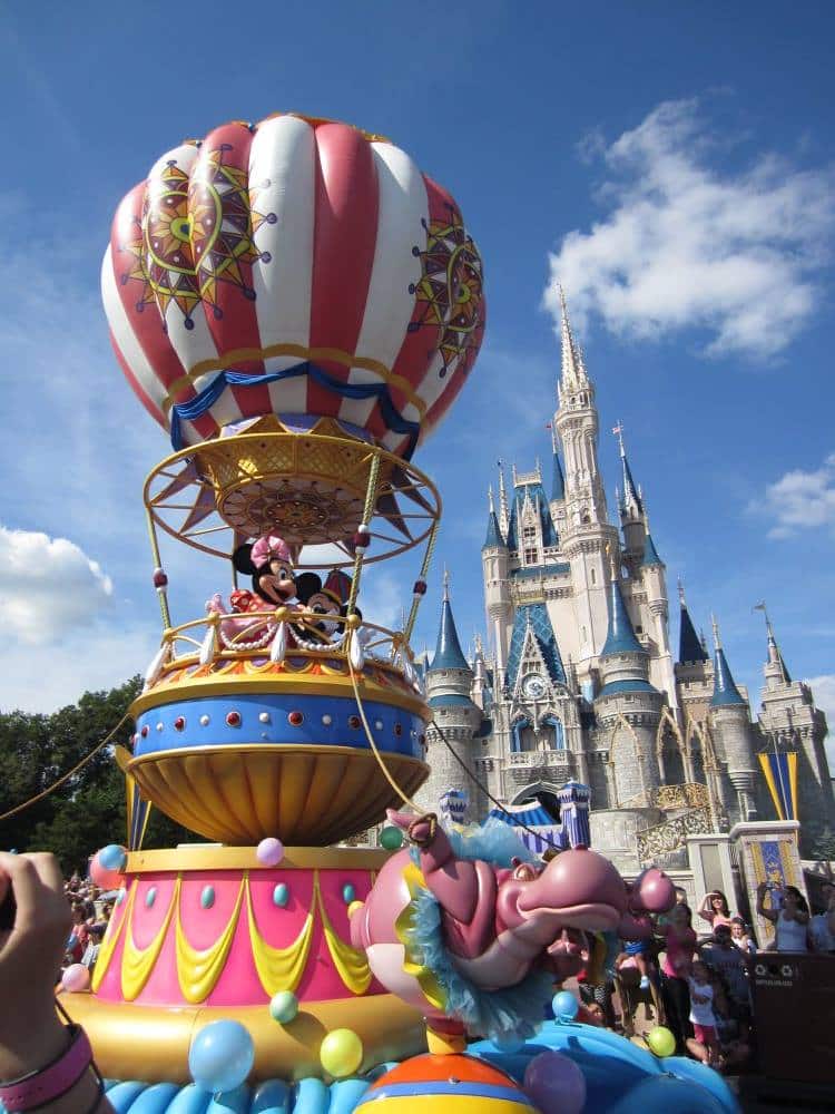 Mickey and Minnie with Cinderella Castle in the Festival of Fantasy Parade Walt Disney World Magic Kingdom