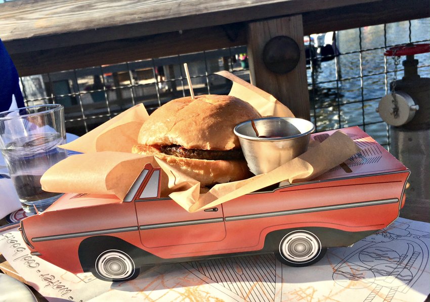 Kids Cheeseburger in amphicar box at The Boathouse Disney Springs